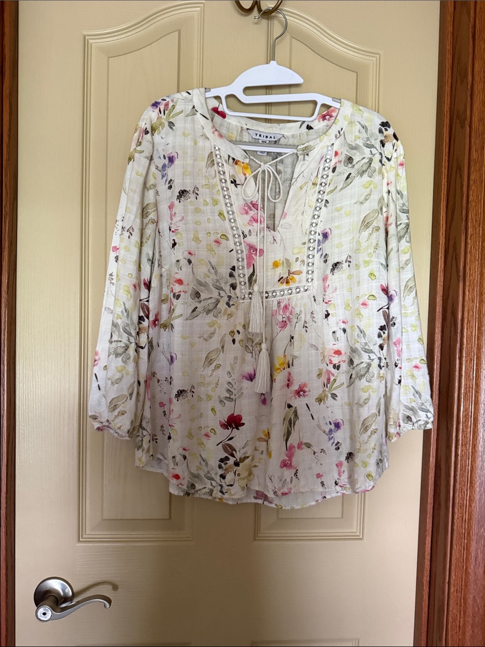 Tribal Cream Floral Tie-Neck Tunic with Pastel Blooms